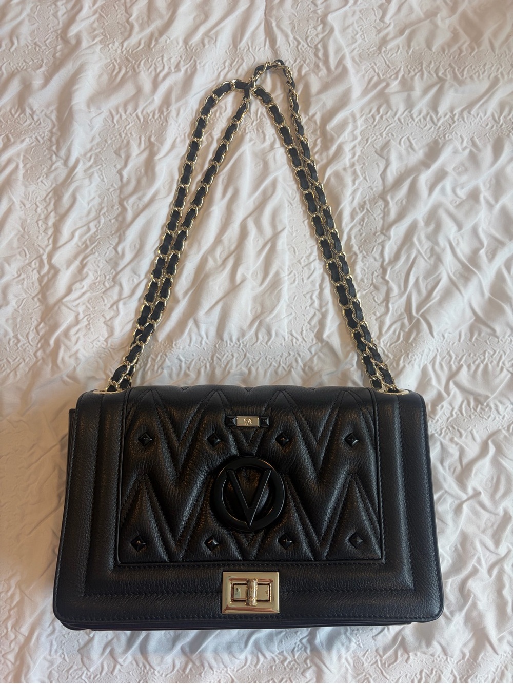 Valentino By Mario Valentino Black Quilted Shoulder Bag with Gold Chain